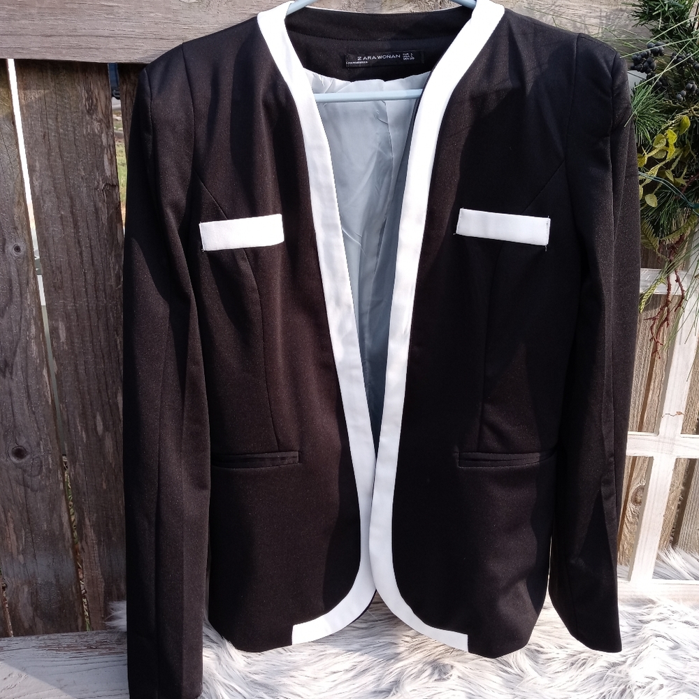 Zara Women Suit Blazer Black And White Gem